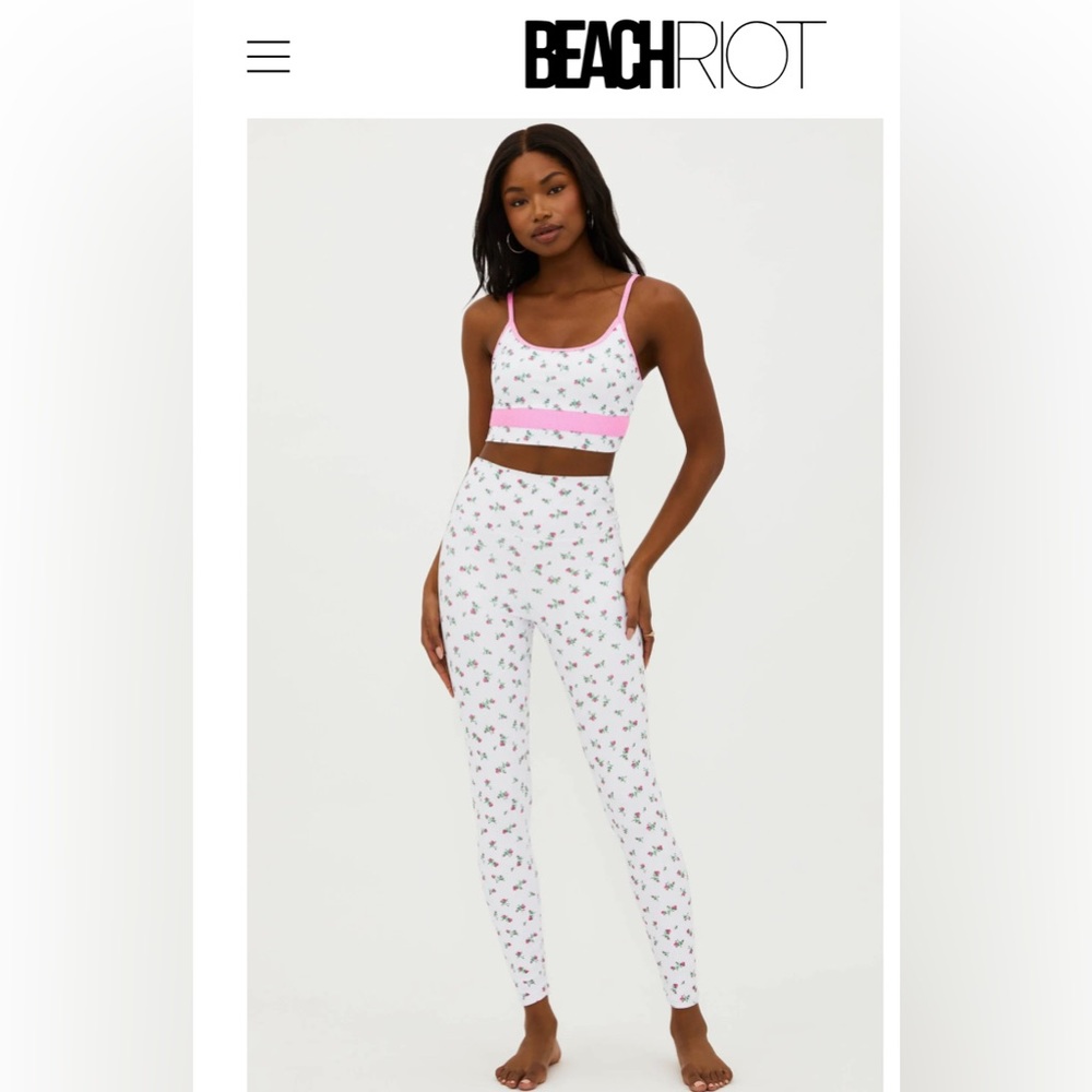 Beach Riot White Floral Leggings with Pink Trim